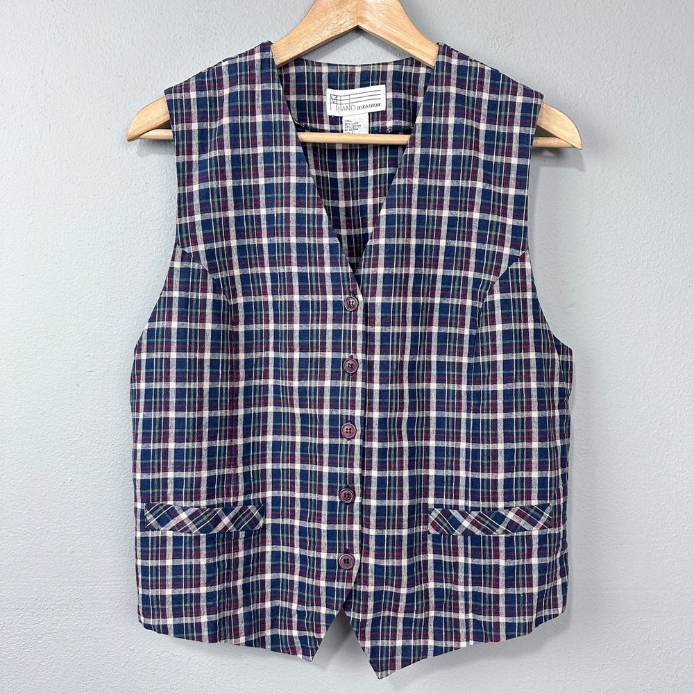 Vintage 90s Milano Design Group Vest Size L Linen Cotton Plaid Grunge‎ Academia